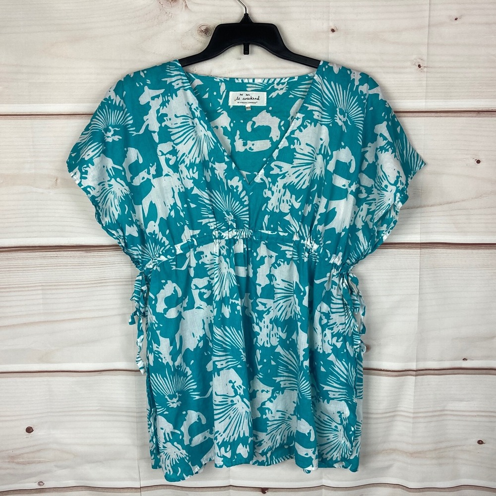 Virginia Johnson Le Weekend Top Womens XS Blue V-Neck Tunic Swim Coverup Cotton